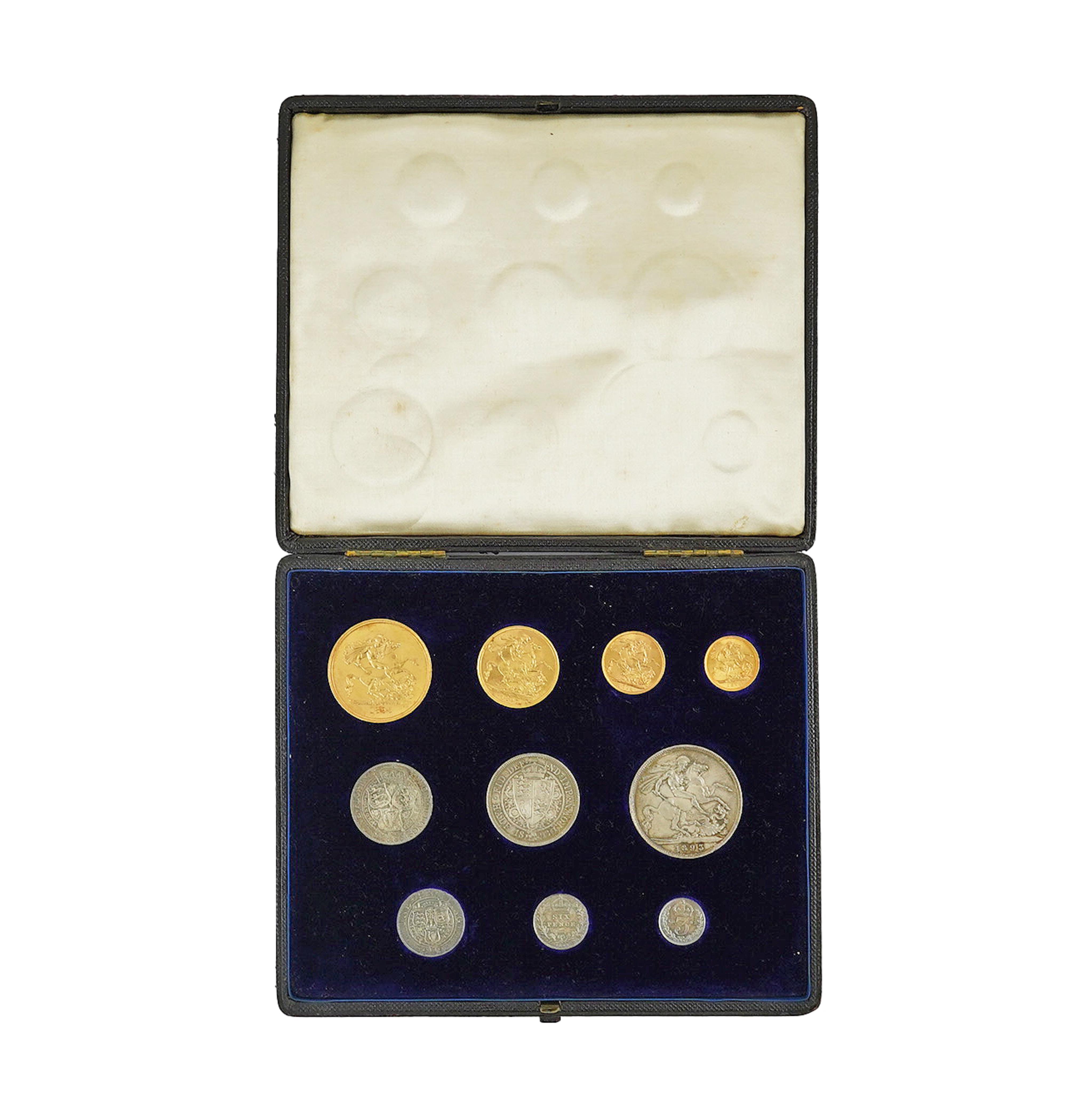 British gold coins, Victoria, cased 1893 gold and silver specimen ten coin set, comprising gold half sovereign, sovereign and five pounds and silver 3d to crown, scarce